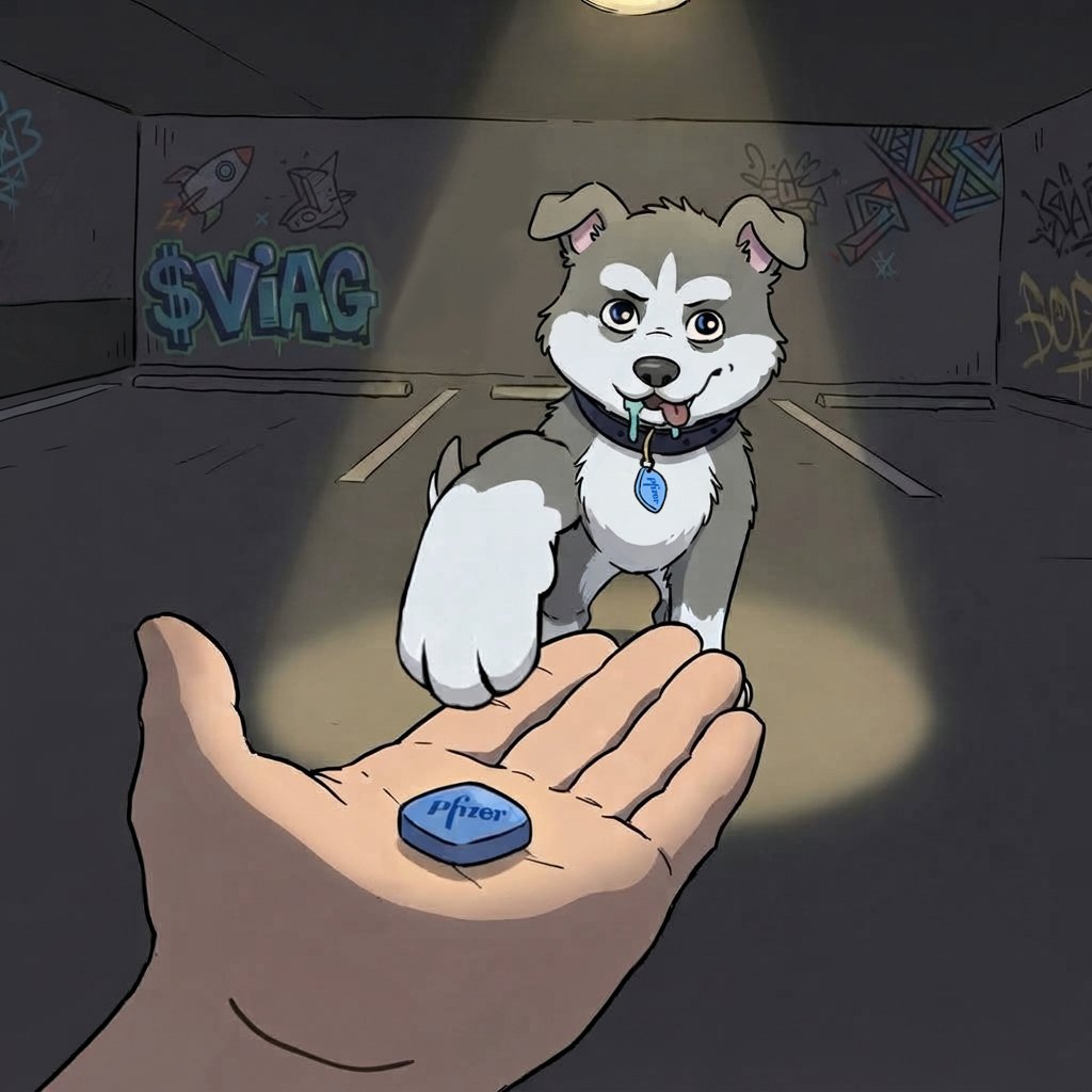 The dog reaches toward a hand holding a blue Pfizer pill