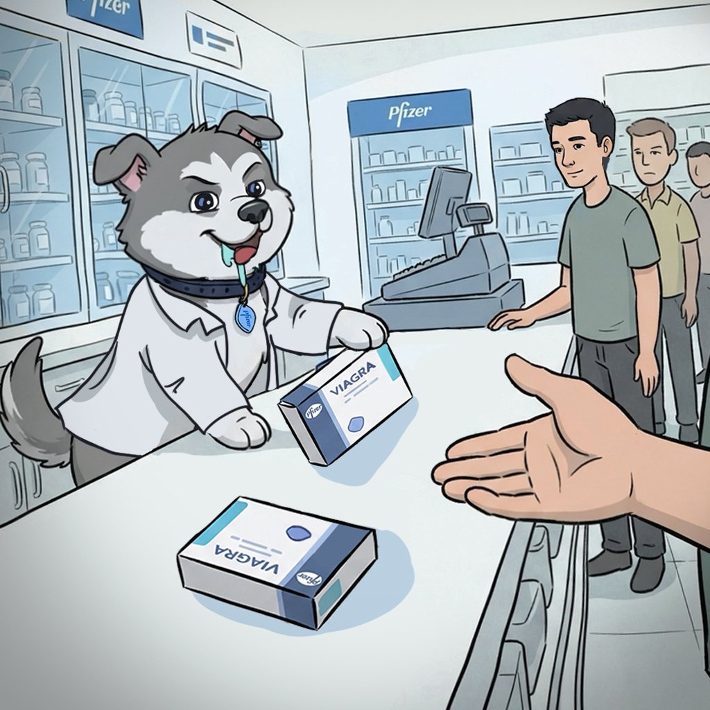 The dog in a lab coat behind a pharmacy counter